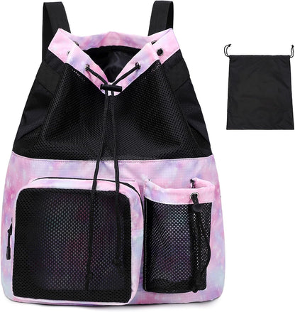 Large Mesh Drawstring Backpack with Shoe Bag, Durable Swimming String Sack with Handle for Sports Gym Yoga Beach Travel