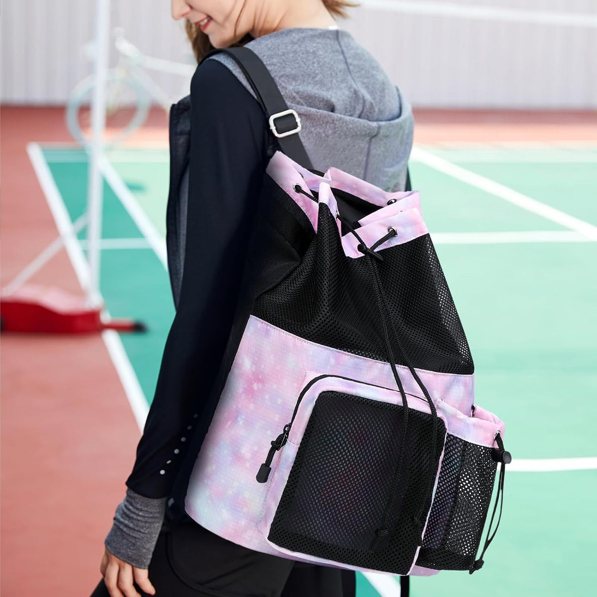 Large Mesh Drawstring Backpack with Shoe Bag, Durable Swimming String Sack with Handle for Sports Gym Yoga Beach Travel
