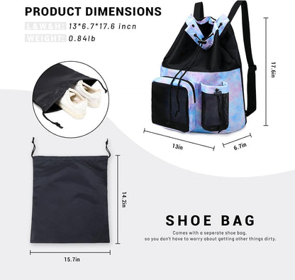 Large Mesh Drawstring Backpack with Shoe Bag, Durable Swimming String Sack with Handle for Sports Gym Yoga Beach Travel