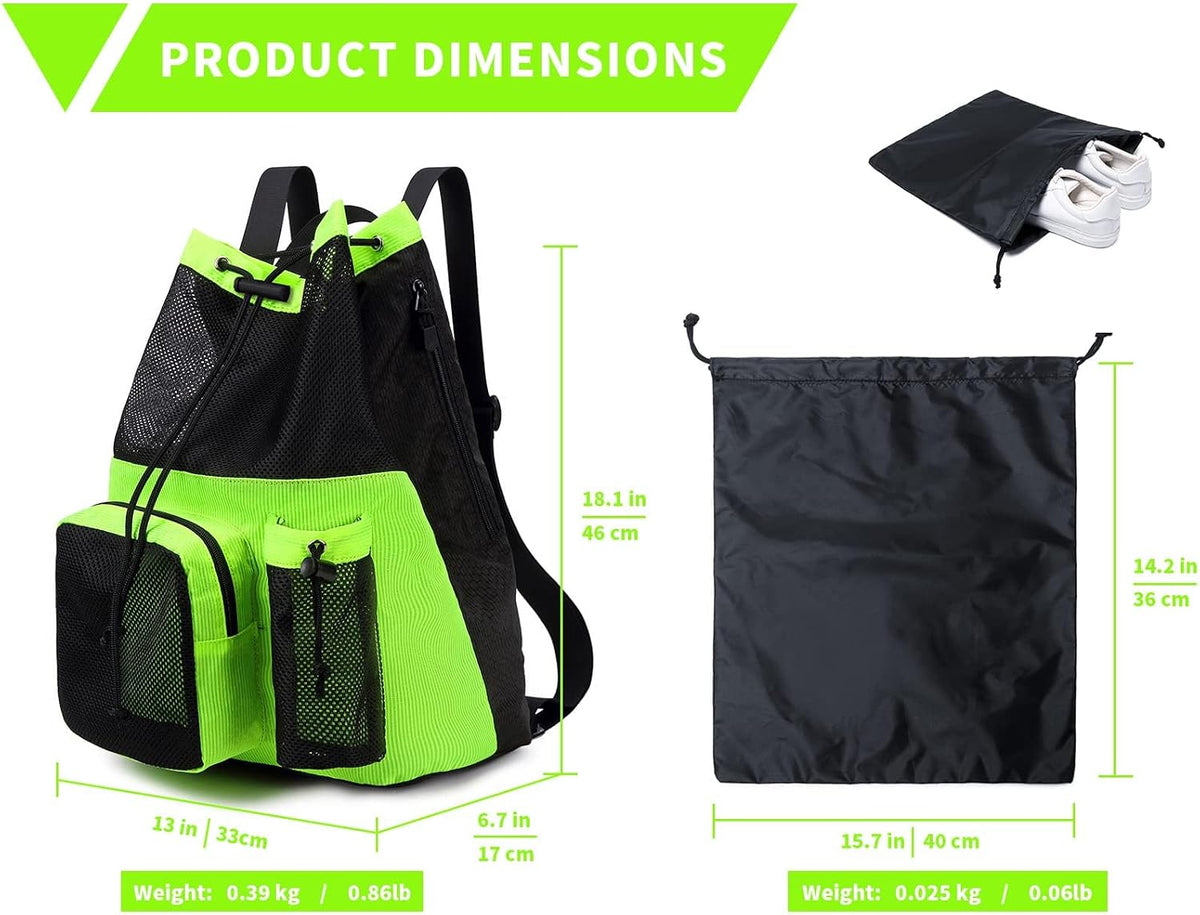 Large Mesh Drawstring Backpack with Shoe Bag, Durable Swimming String Sack with Handle for Sports Gym Yoga Beach Travel