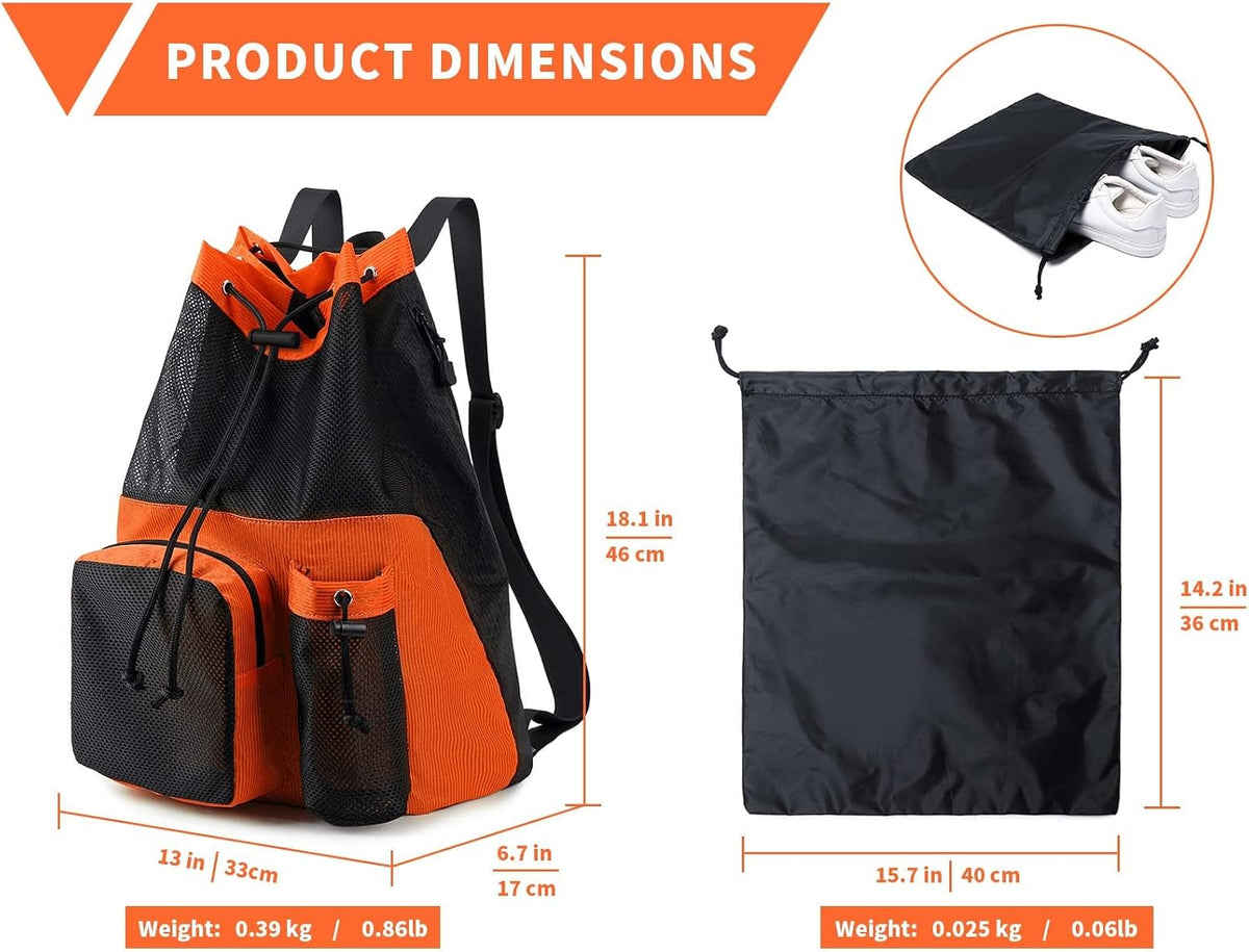 Large Mesh Drawstring Backpack with Shoe Bag, Durable Swimming String Sack with Handle for Sports Gym Yoga Beach Travel
