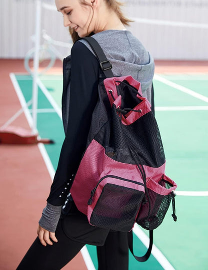Large Mesh Drawstring Backpack with Shoe Bag, Durable Swimming String Sack with Handle for Sports Gym Yoga Beach Travel