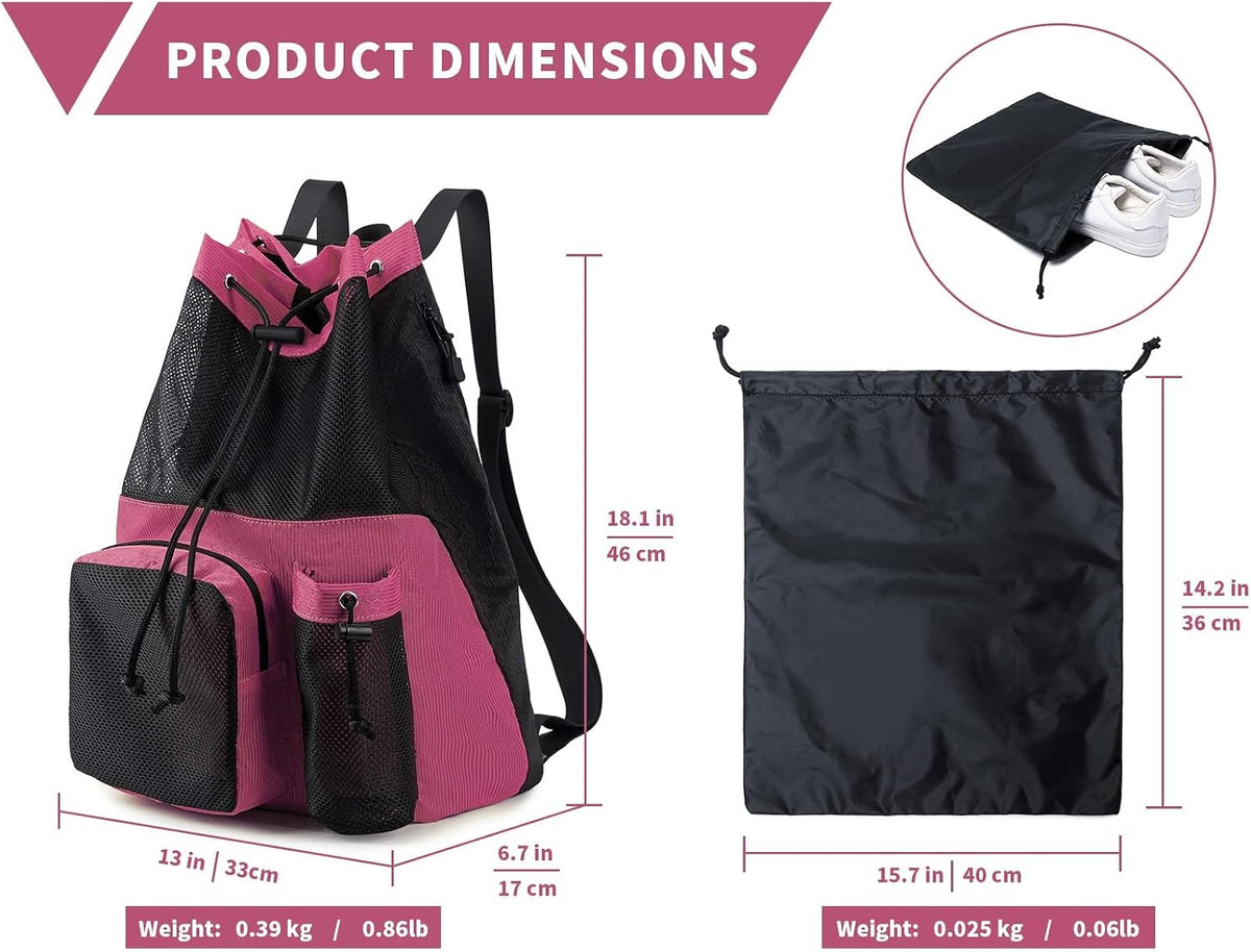 Large Mesh Drawstring Backpack with Shoe Bag, Durable Swimming String Sack with Handle for Sports Gym Yoga Beach Travel