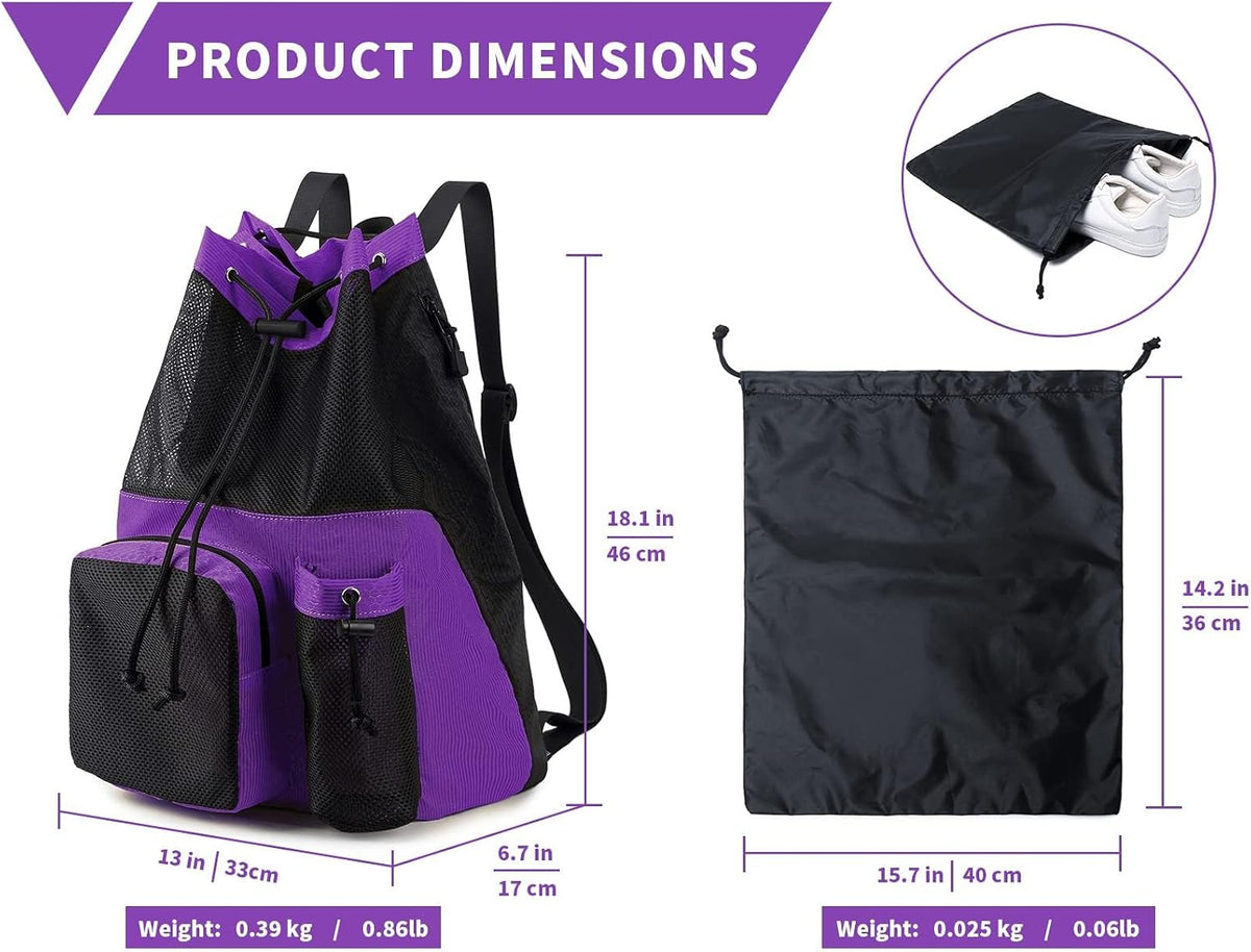 Large Mesh Drawstring Backpack with Shoe Bag, Durable Swimming String Sack with Handle for Sports Gym Yoga Beach Travel
