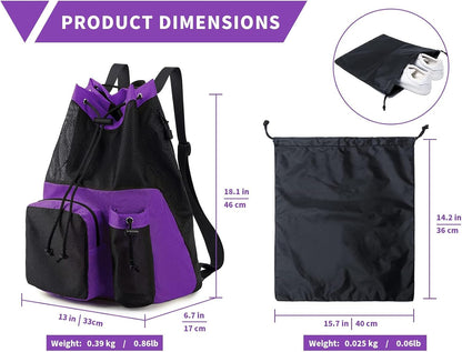 Large Mesh Drawstring Backpack with Shoe Bag, Durable Swimming String Sack with Handle for Sports Gym Yoga Beach Travel