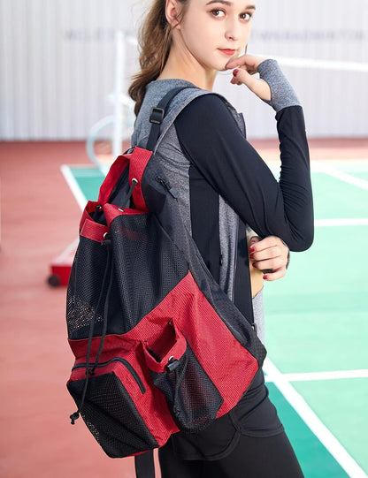 Large Mesh Drawstring Backpack with Shoe Bag, Durable Swimming String Sack with Handle for Sports Gym Yoga Beach Travel