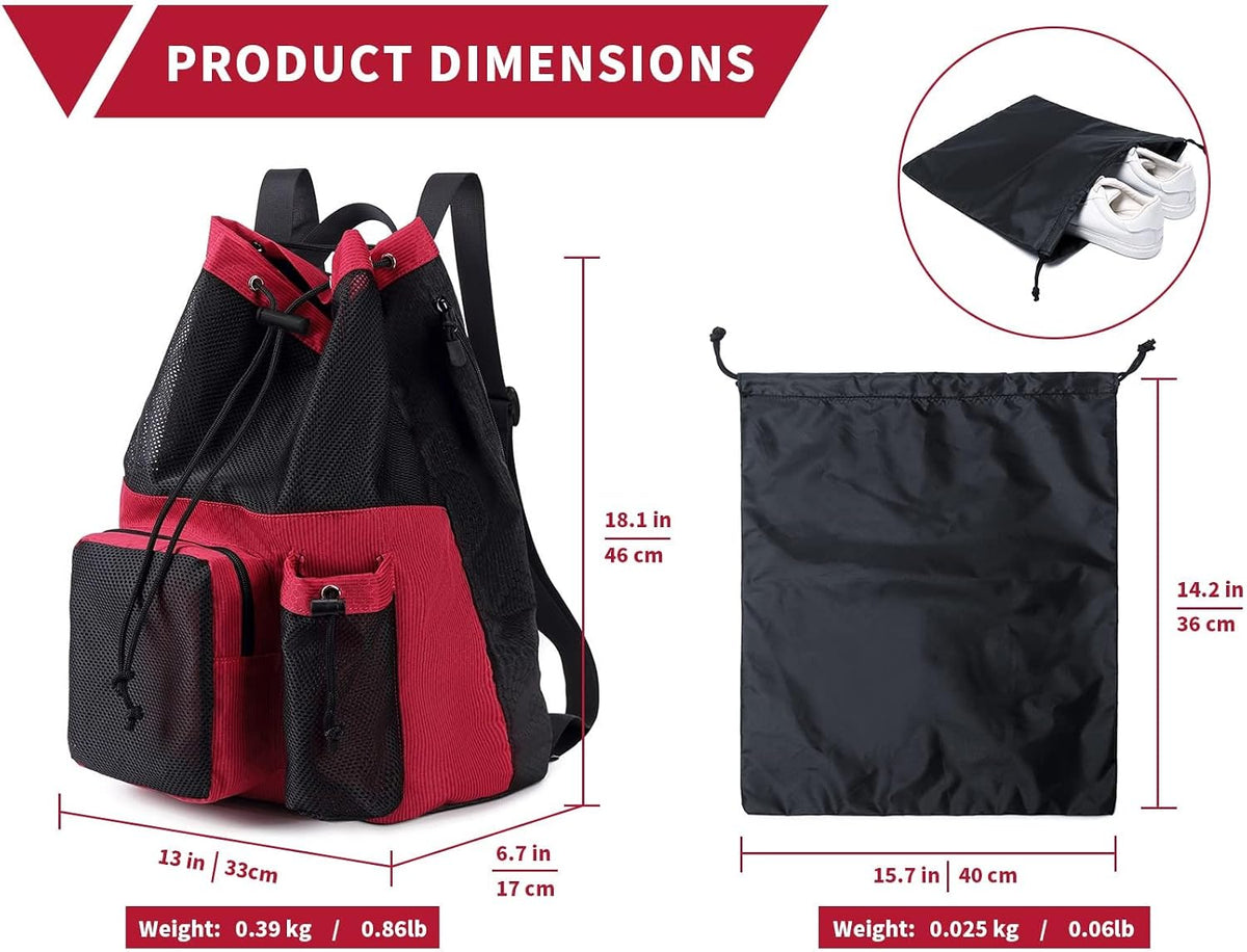 Large Mesh Drawstring Backpack with Shoe Bag, Durable Swimming String Sack with Handle for Sports Gym Yoga Beach Travel