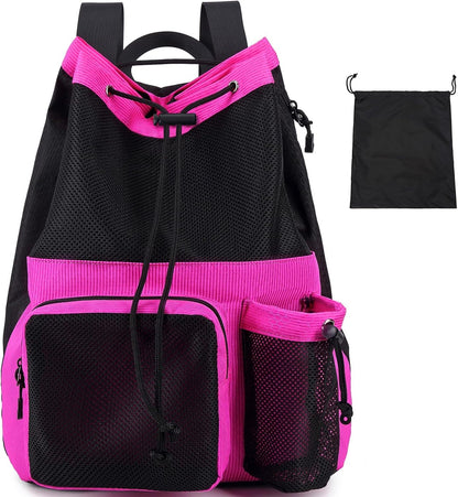 Large Mesh Drawstring Backpack with Shoe Bag, Durable Swimming String Sack with Handle for Sports Gym Yoga Beach Travel