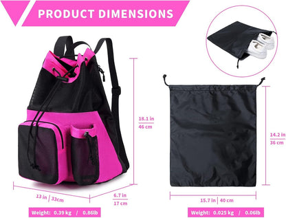 Large Mesh Drawstring Backpack with Shoe Bag, Durable Swimming String Sack with Handle for Sports Gym Yoga Beach Travel