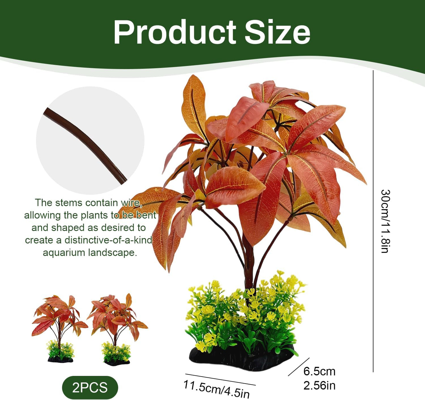 Silk Aquarium Plants 2-Pack 11.8" - Soft Silk Plants for Fish Tank, Artificial Decoration for Fish Habitats, Safe for All Fish (Red)