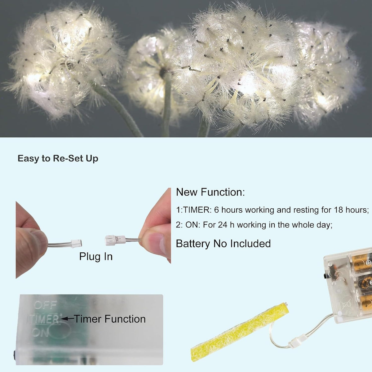TOPIA Artificial Dandelion Flowers with LED Lights with Timer Faux Dandelion Wish Flowers for Christmas Decoration Home Decoration (4 Pcs)