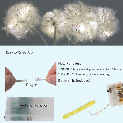 TOPIA Artificial Dandelion Flowers with LED Lights with Timer Faux Dandelion Wish Flowers for Christmas Decoration Home Decoration (4 Pcs)