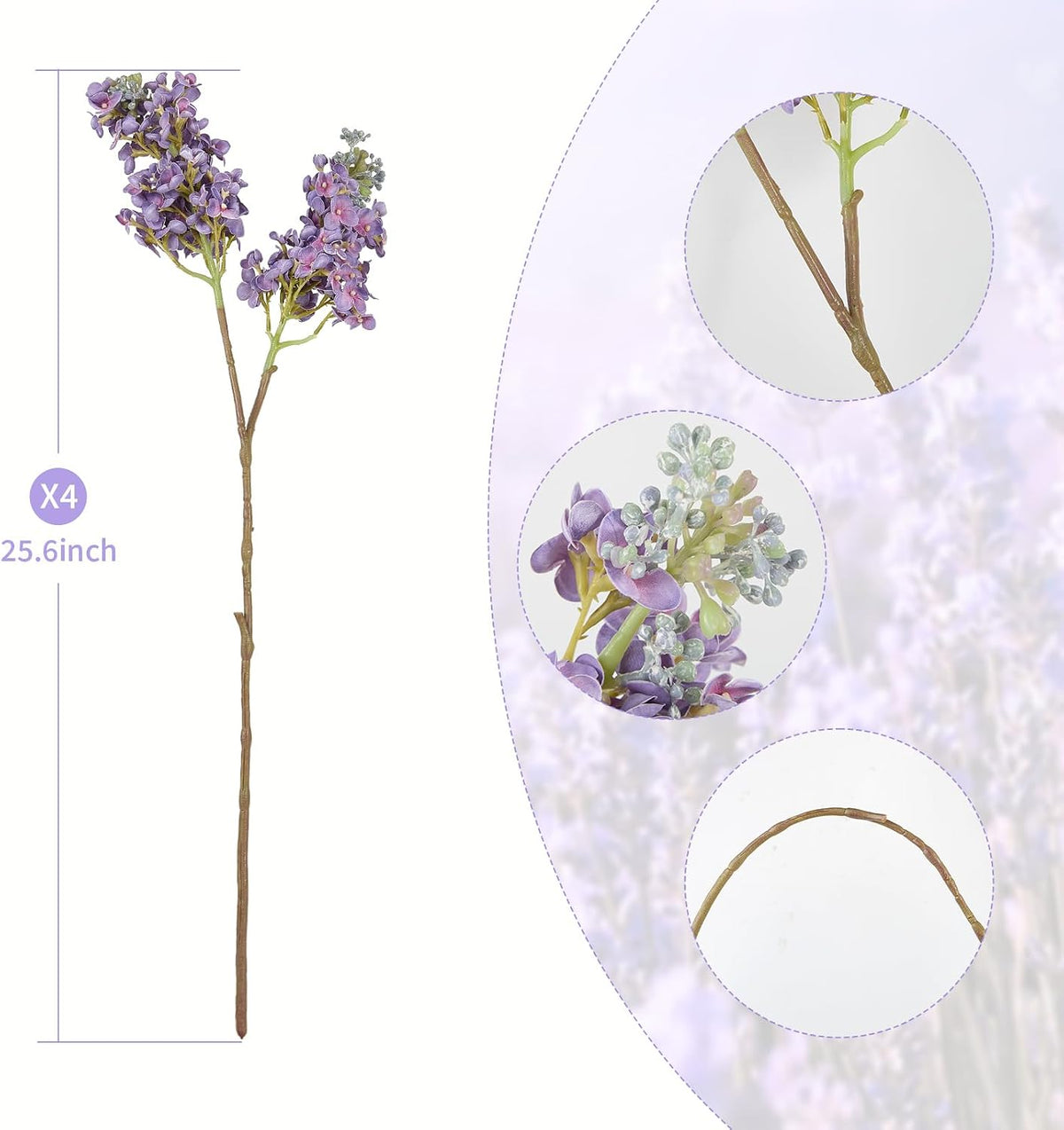 4PCS 25.6inch Lilac Artificial Flowers Purple Fake Delphinium Long Stem Silk Real Touch Flower Faux Lilac Floral Arrangement for Tall Vase Table Centerpieces Wedding Garden Home Decoration（Purple）