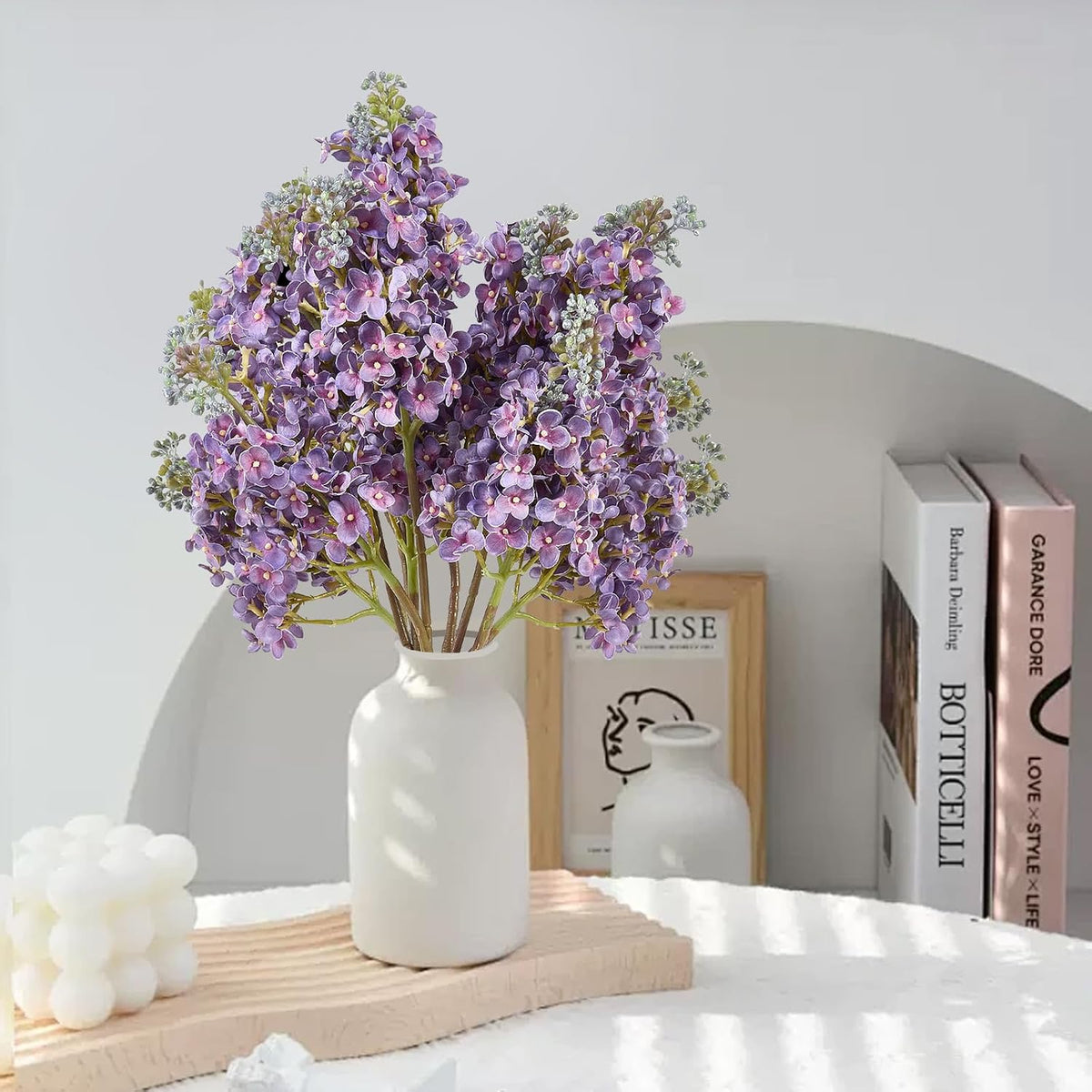 4PCS 25.6inch Lilac Artificial Flowers Purple Fake Delphinium Long Stem Silk Real Touch Flower Faux Lilac Floral Arrangement for Tall Vase Table Centerpieces Wedding Garden Home Decoration（Purple）