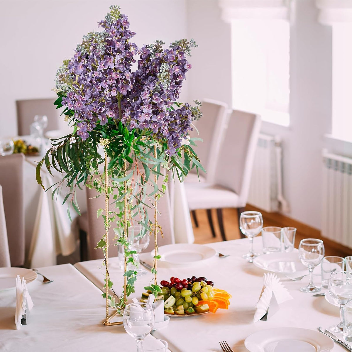 4PCS 25.6inch Lilac Artificial Flowers Purple Fake Delphinium Long Stem Silk Real Touch Flower Faux Lilac Floral Arrangement for Tall Vase Table Centerpieces Wedding Garden Home Decoration（Purple）