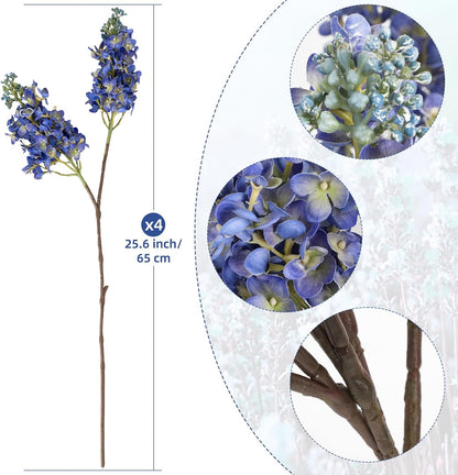 4PCS 25.6inch Lilac Artificial Flowers Purple Fake Delphinium Long Stem Silk Real Touch Flower Faux Lilac Floral Arrangement for Tall Vase Table Centerpieces Wedding Garden Home Decoration（Purple）