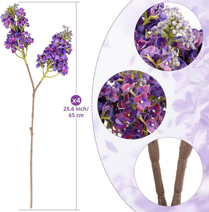 4PCS 25.6inch Lilac Artificial Flowers Purple Fake Delphinium Long Stem Silk Real Touch Flower Faux Lilac Floral Arrangement for Tall Vase Table Centerpieces Wedding Garden Home Decoration（Purple）