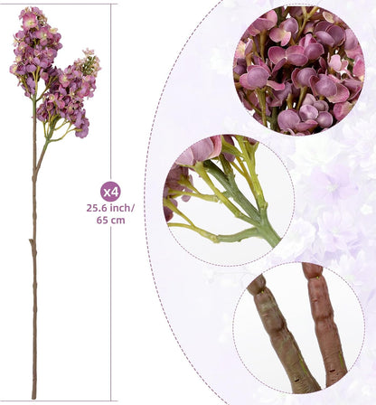 4PCS 25.6inch Lilac Artificial Flowers Purple Fake Delphinium Long Stem Silk Real Touch Flower Faux Lilac Floral Arrangement for Tall Vase Table Centerpieces Wedding Garden Home Decoration（Purple）