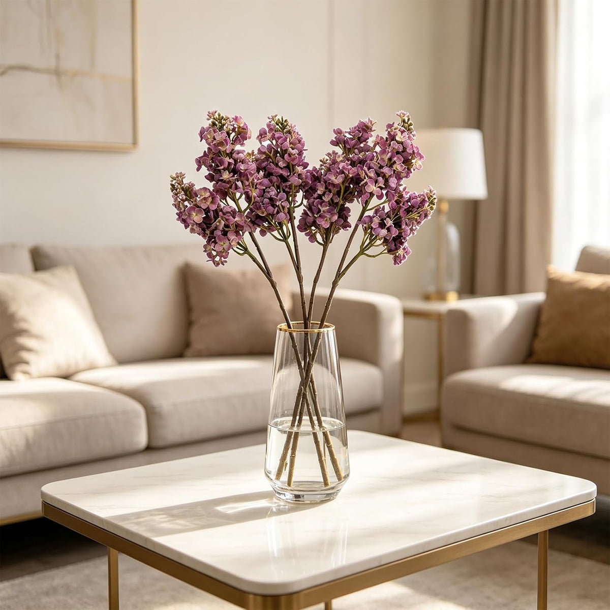 4PCS 25.6inch Lilac Artificial Flowers Purple Fake Delphinium Long Stem Silk Real Touch Flower Faux Lilac Floral Arrangement for Tall Vase Table Centerpieces Wedding Garden Home Decoration（Purple）