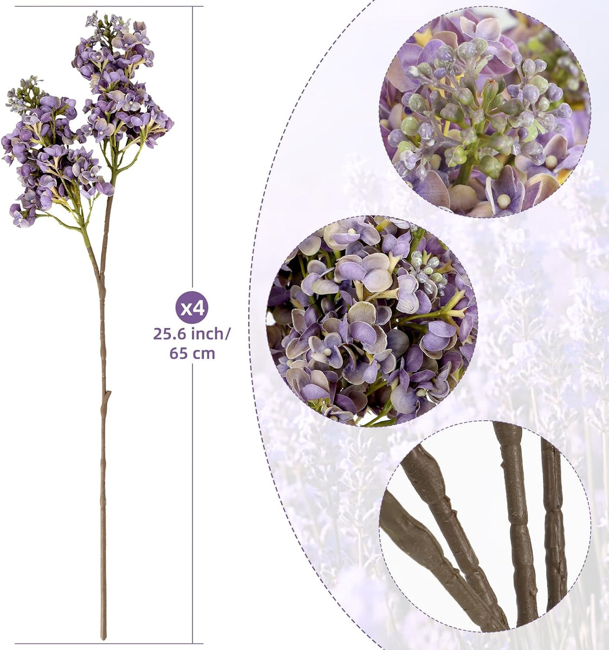 4PCS 25.6inch Lilac Artificial Flowers Purple Fake Delphinium Long Stem Silk Real Touch Flower Faux Lilac Floral Arrangement for Tall Vase Table Centerpieces Wedding Garden Home Decoration（Purple）