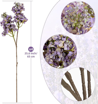 4PCS 25.6inch Lilac Artificial Flowers Purple Fake Delphinium Long Stem Silk Real Touch Flower Faux Lilac Floral Arrangement for Tall Vase Table Centerpieces Wedding Garden Home Decoration（Purple）