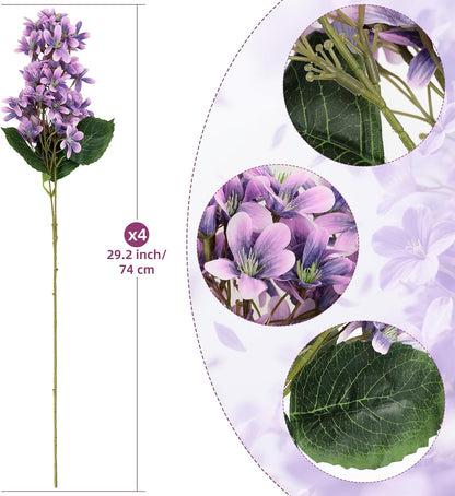 4PCS 25.6inch Lilac Artificial Flowers Purple Fake Delphinium Long Stem Silk Real Touch Flower Faux Lilac Floral Arrangement for Tall Vase Table Centerpieces Wedding Garden Home Decoration（Purple）