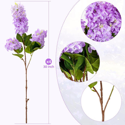 4PCS 25.6inch Lilac Artificial Flowers Purple Fake Delphinium Long Stem Silk Real Touch Flower Faux Lilac Floral Arrangement for Tall Vase Table Centerpieces Wedding Garden Home Decoration（Purple）