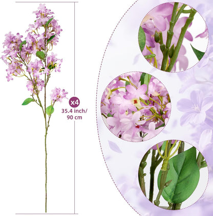 4PCS 25.6inch Lilac Artificial Flowers Purple Fake Delphinium Long Stem Silk Real Touch Flower Faux Lilac Floral Arrangement for Tall Vase Table Centerpieces Wedding Garden Home Decoration（Purple）