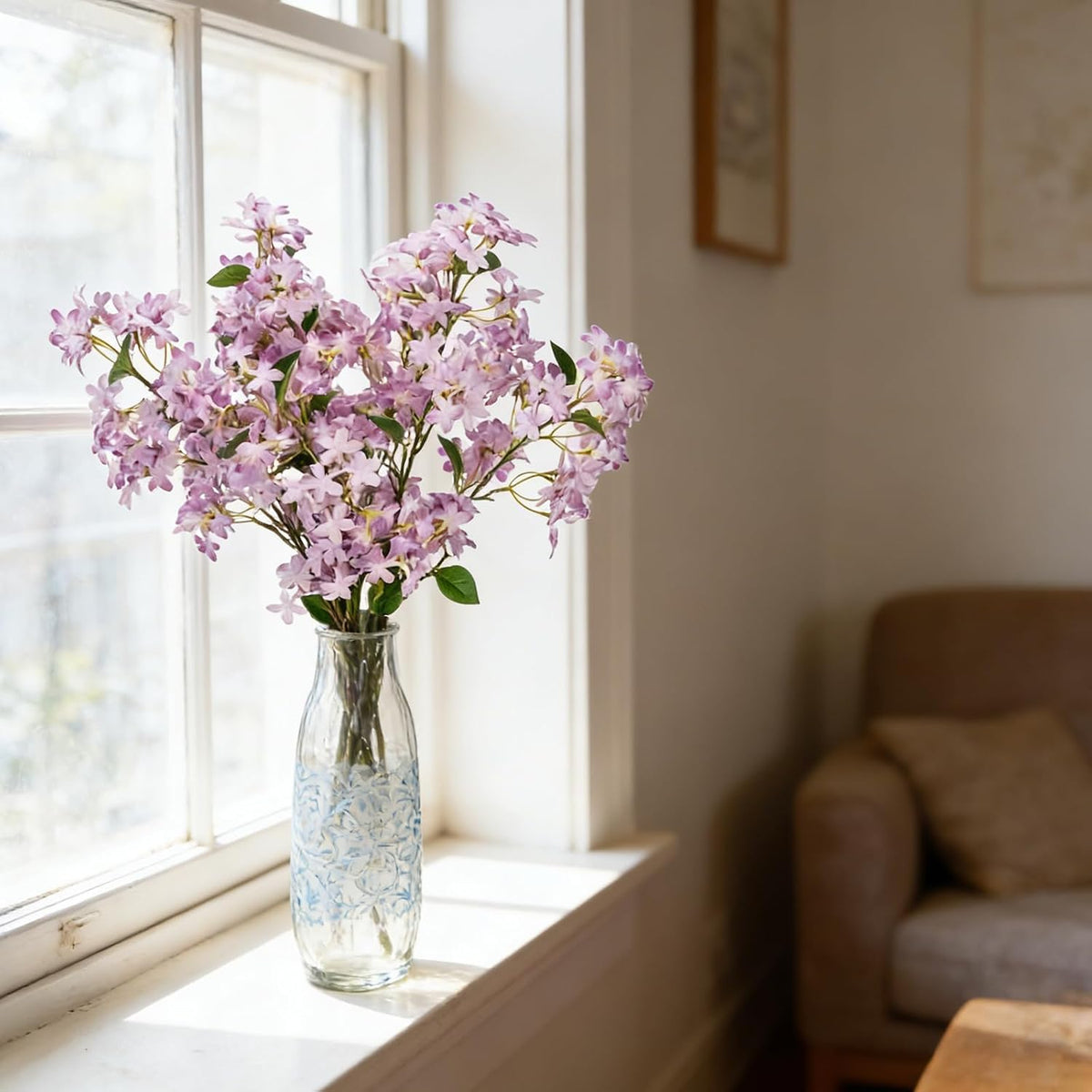 4PCS 25.6inch Lilac Artificial Flowers Purple Fake Delphinium Long Stem Silk Real Touch Flower Faux Lilac Floral Arrangement for Tall Vase Table Centerpieces Wedding Garden Home Decoration（Purple）