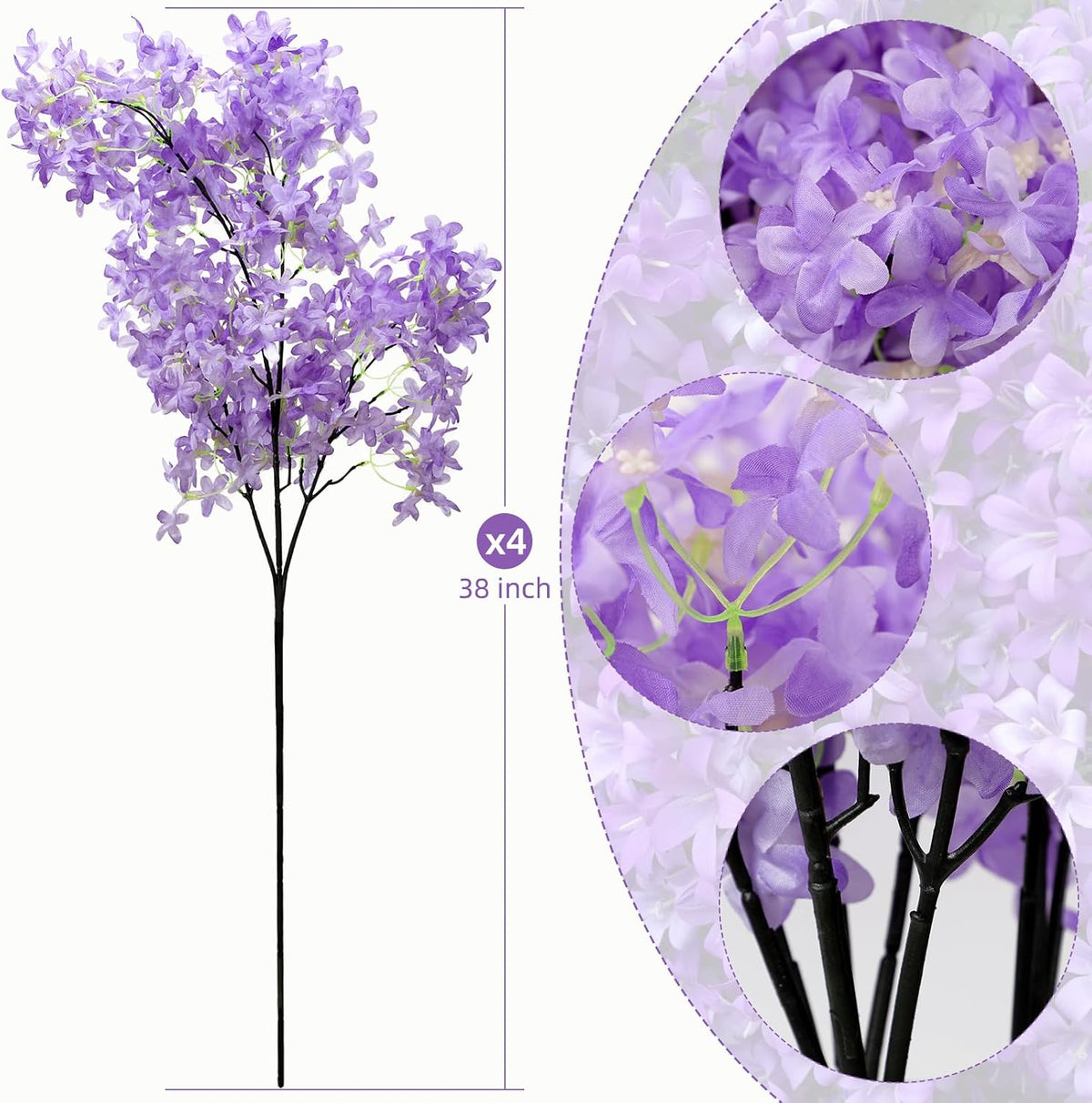 4PCS 25.6inch Lilac Artificial Flowers Purple Fake Delphinium Long Stem Silk Real Touch Flower Faux Lilac Floral Arrangement for Tall Vase Table Centerpieces Wedding Garden Home Decoration（Purple）