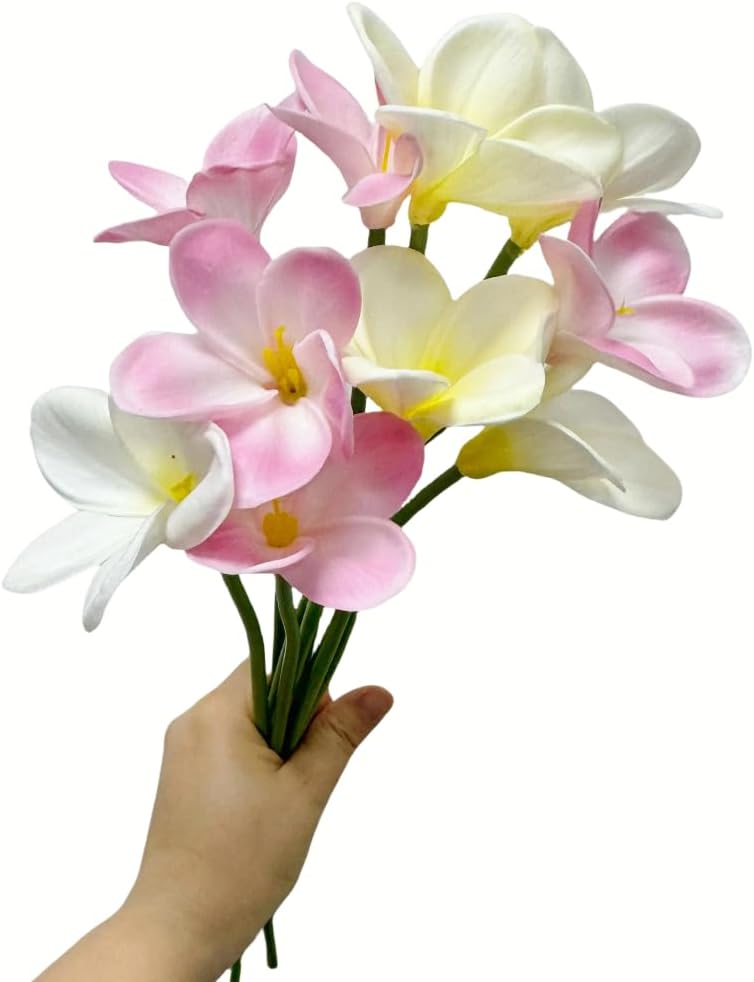 10 pcs White Artificial Plumeria Flowers with Stems, Real Touch,13inch