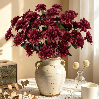 16 PCS Burgundy Dahlia Artificial Flowers | Silk Bouquet, Faux Dahlia, Bendable Stems, For Vase Home Party Wedding Decor