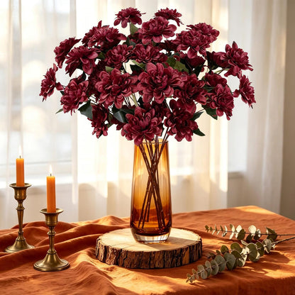 16 PCS Burgundy Dahlia Artificial Flowers | Silk Bouquet, Faux Dahlia, Bendable Stems, For Vase Home Party Wedding Decor