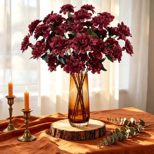 16 PCS Burgundy Dahlia Artificial Flowers | Silk Bouquet, Faux Dahlia, Bendable Stems, For Vase Home Party Wedding Decor