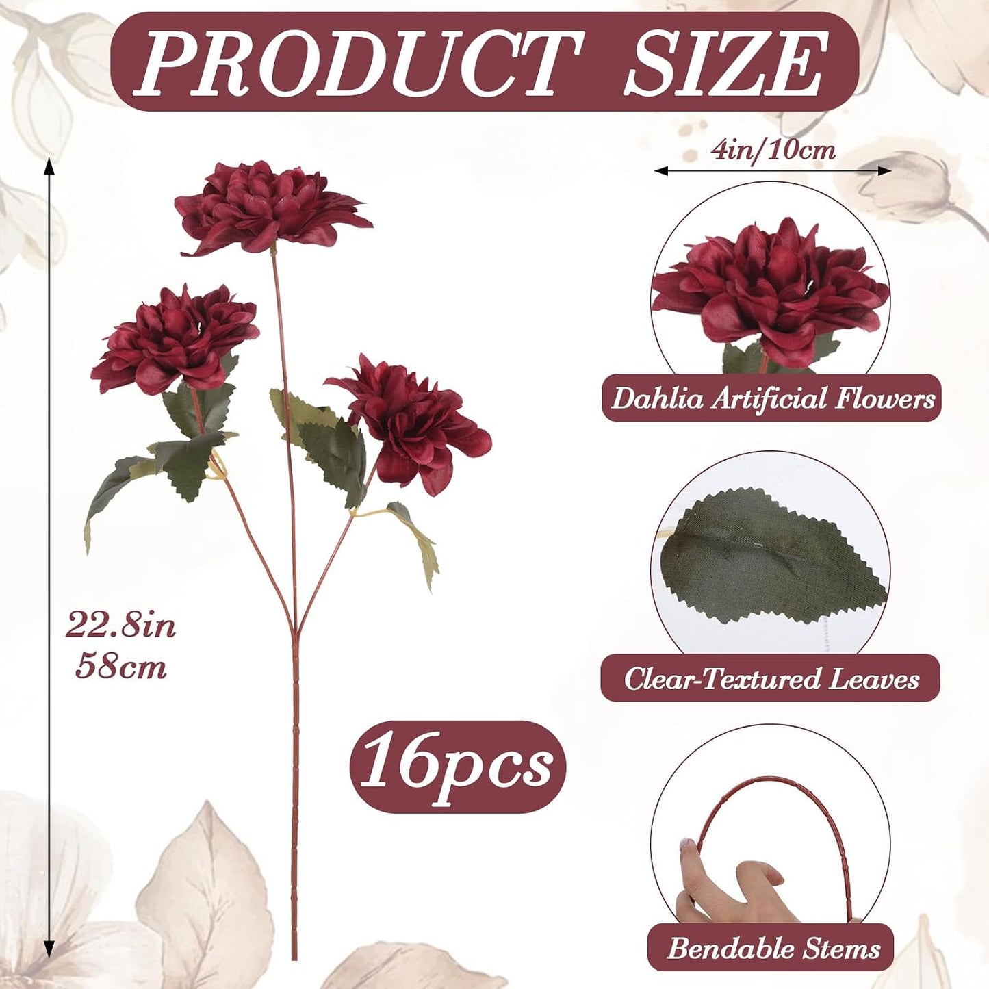 16 PCS Burgundy Dahlia Artificial Flowers | Silk Bouquet, Faux Dahlia, Bendable Stems, For Vase Home Party Wedding Decor