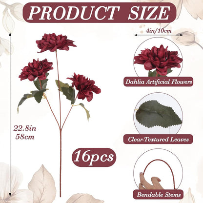 16 PCS Burgundy Dahlia Artificial Flowers | Silk Bouquet, Faux Dahlia, Bendable Stems, For Vase Home Party Wedding Decor