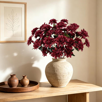 16 PCS Burgundy Dahlia Artificial Flowers | Silk Bouquet, Faux Dahlia, Bendable Stems, For Vase Home Party Wedding Decor
