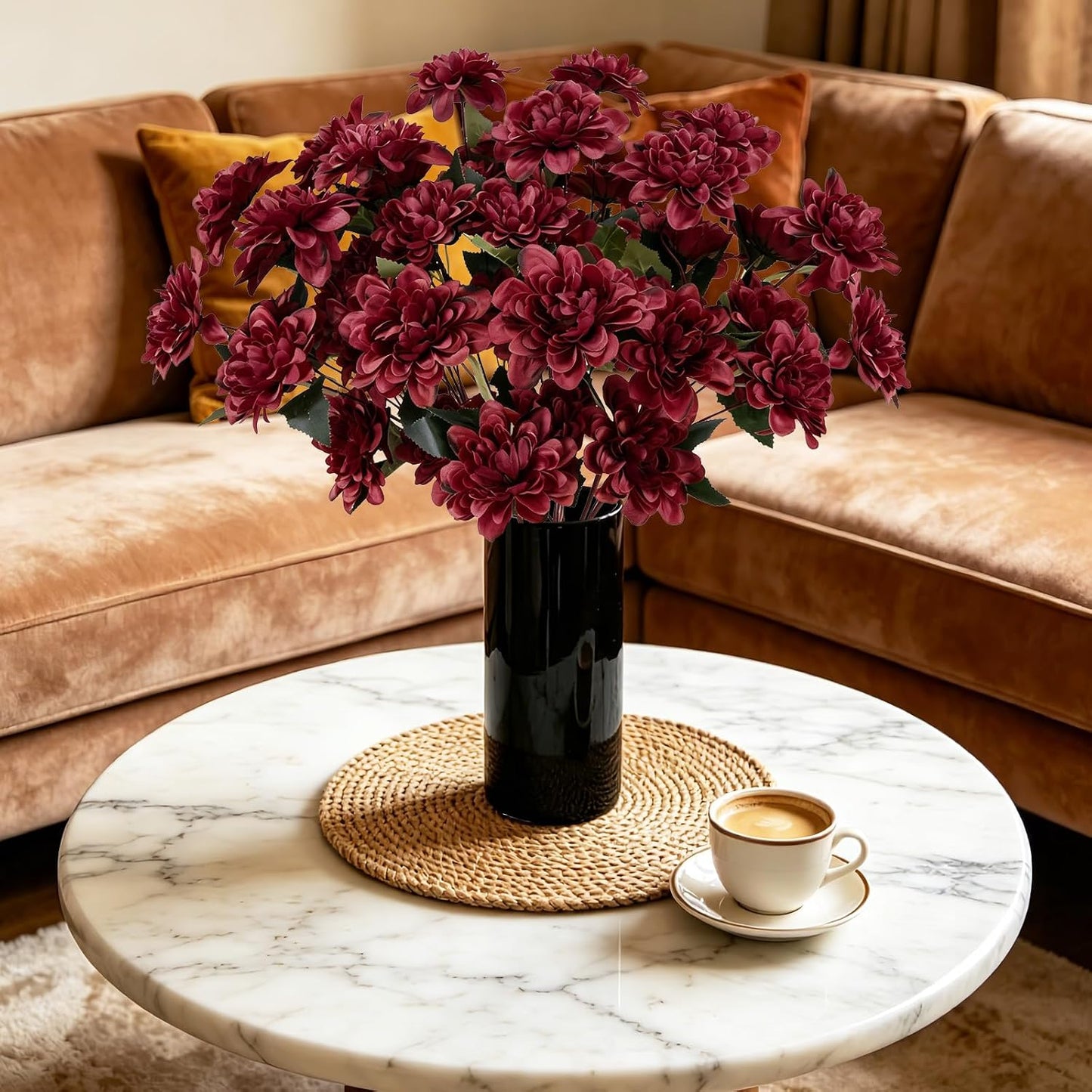 16 PCS Burgundy Dahlia Artificial Flowers | Silk Bouquet, Faux Dahlia, Bendable Stems, For Vase Home Party Wedding Decor