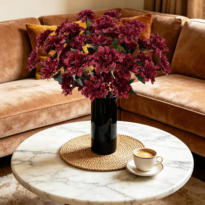 16 PCS Burgundy Dahlia Artificial Flowers | Silk Bouquet, Faux Dahlia, Bendable Stems, For Vase Home Party Wedding Decor