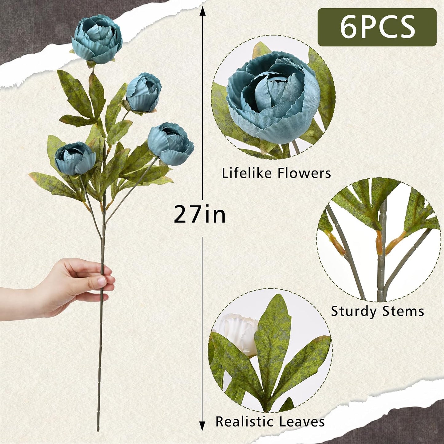 6 Pcs Faux Peonies Artificial Flowers for Vase, 27" White Flowers | Fake Silk Peonies Flowers for Wedding, Vase Filler White Flowers for DIY Bouquets Centerpieces Bridal Shower Office Decor