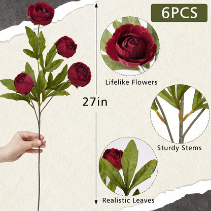 6 Pcs Faux Peonies Artificial Flowers for Vase, 27" White Flowers | Fake Silk Peonies Flowers for Wedding, Vase Filler White Flowers for DIY Bouquets Centerpieces Bridal Shower Office Decor