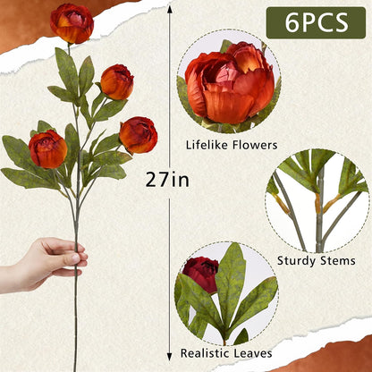 6 Pcs Faux Peonies Artificial Flowers for Vase, 27" White Flowers | Fake Silk Peonies Flowers for Wedding, Vase Filler White Flowers for DIY Bouquets Centerpieces Bridal Shower Office Decor