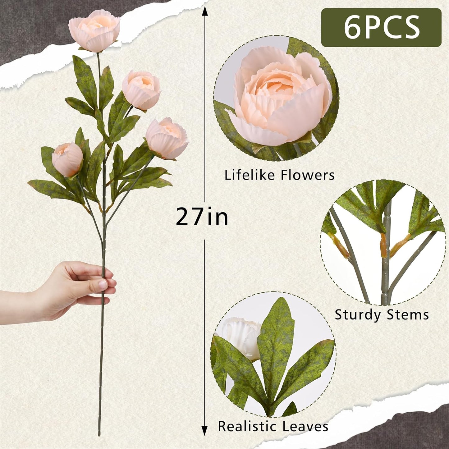6 Pcs Faux Peonies Artificial Flowers for Vase, 27" White Flowers | Fake Silk Peonies Flowers for Wedding, Vase Filler White Flowers for DIY Bouquets Centerpieces Bridal Shower Office Decor