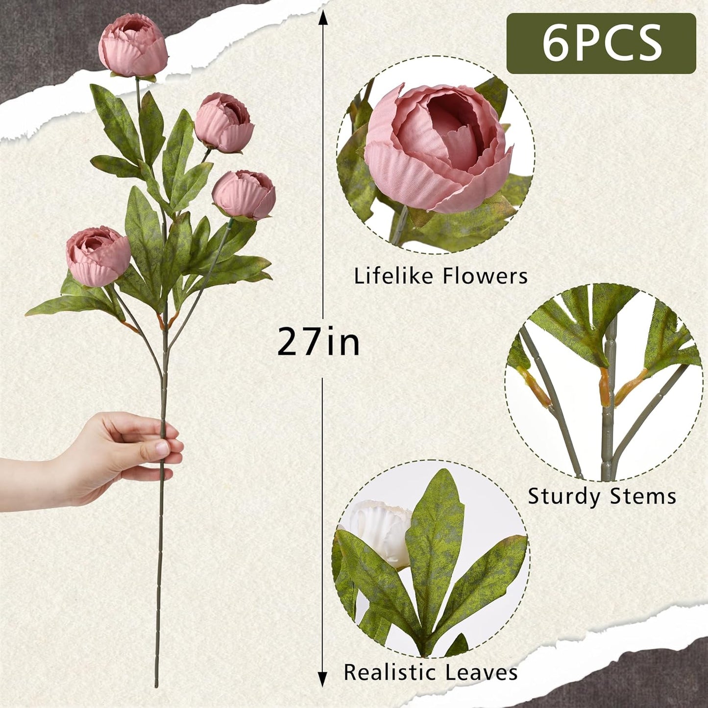 6 Pcs Faux Peonies Artificial Flowers for Vase, 27" White Flowers | Fake Silk Peonies Flowers for Wedding, Vase Filler White Flowers for DIY Bouquets Centerpieces Bridal Shower Office Decor