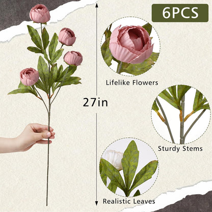 6 Pcs Faux Peonies Artificial Flowers for Vase, 27" White Flowers | Fake Silk Peonies Flowers for Wedding, Vase Filler White Flowers for DIY Bouquets Centerpieces Bridal Shower Office Decor
