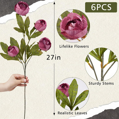 6 Pcs Faux Peonies Artificial Flowers for Vase, 27" White Flowers | Fake Silk Peonies Flowers for Wedding, Vase Filler White Flowers for DIY Bouquets Centerpieces Bridal Shower Office Decor