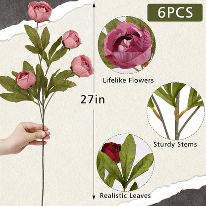 6 Pcs Faux Peonies Artificial Flowers for Vase, 27" White Flowers | Fake Silk Peonies Flowers for Wedding, Vase Filler White Flowers for DIY Bouquets Centerpieces Bridal Shower Office Decor