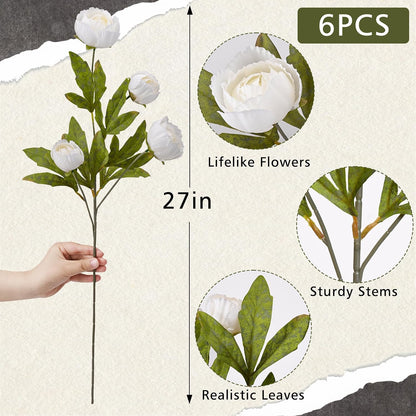 6 Pcs Faux Peonies Artificial Flowers for Vase, 27" White Flowers | Fake Silk Peonies Flowers for Wedding, Vase Filler White Flowers for DIY Bouquets Centerpieces Bridal Shower Office Decor