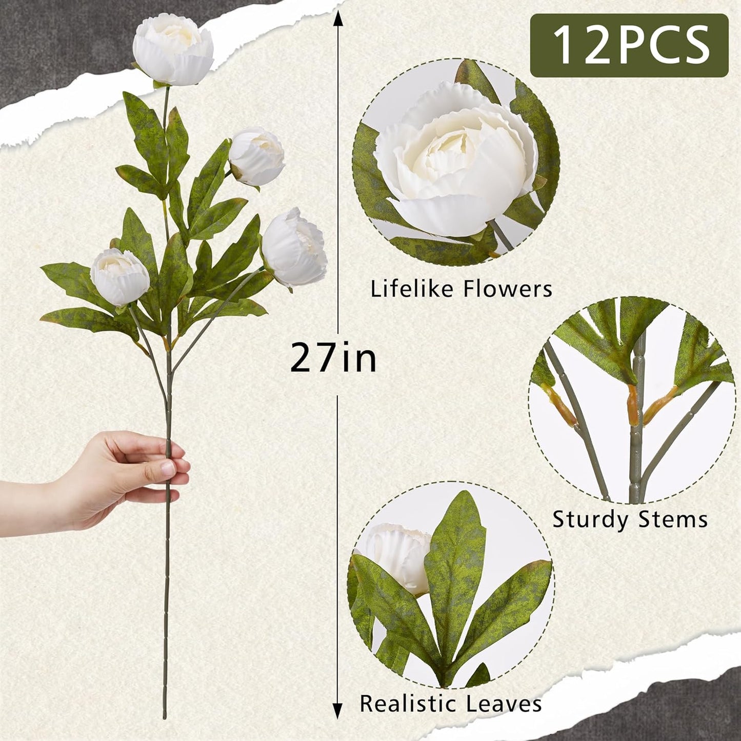 6 Pcs Faux Peonies Artificial Flowers for Vase, 27" White Flowers | Fake Silk Peonies Flowers for Wedding, Vase Filler White Flowers for DIY Bouquets Centerpieces Bridal Shower Office Decor
