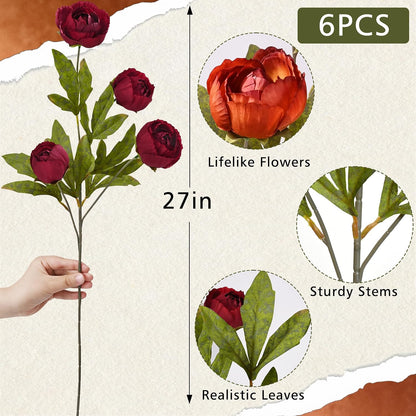 6 Pcs Faux Peonies Artificial Flowers for Vase, 27" White Flowers | Fake Silk Peonies Flowers for Wedding, Vase Filler White Flowers for DIY Bouquets Centerpieces Bridal Shower Office Decor